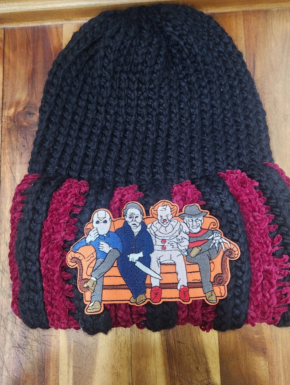Black and Burgundy Knit Beanie with Horror Character Patch Handmadr Chunky Thick